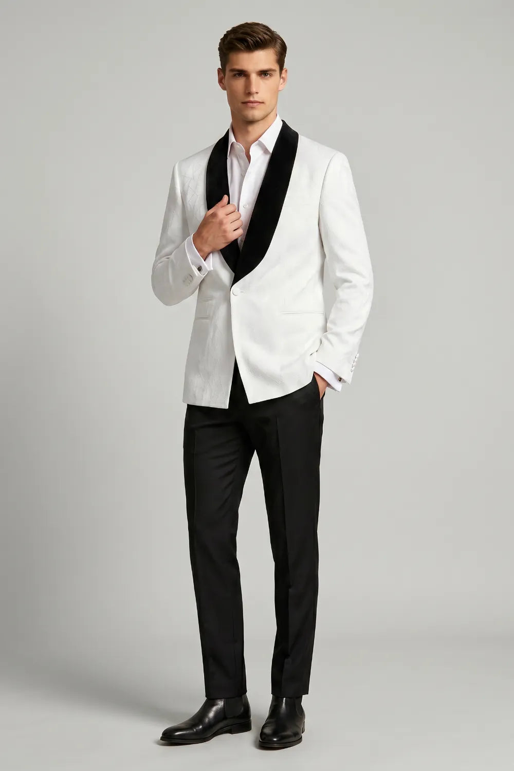 Men's White Jacquard Black Shawl Lapel 2-Piece Tuxedo Suit