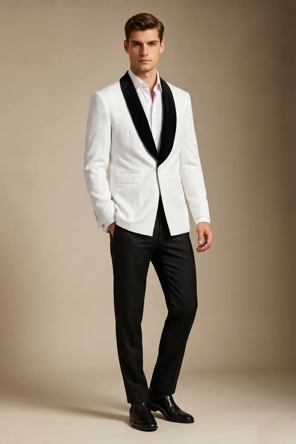 Men's White Jacquard Black Shawl Lapel 2-Piece Tuxedo Suit