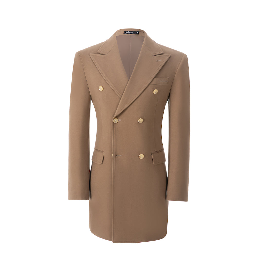 Men's coffee wool overcoat - front view of double breasted long winter business coat with gold buttons and flap pockets