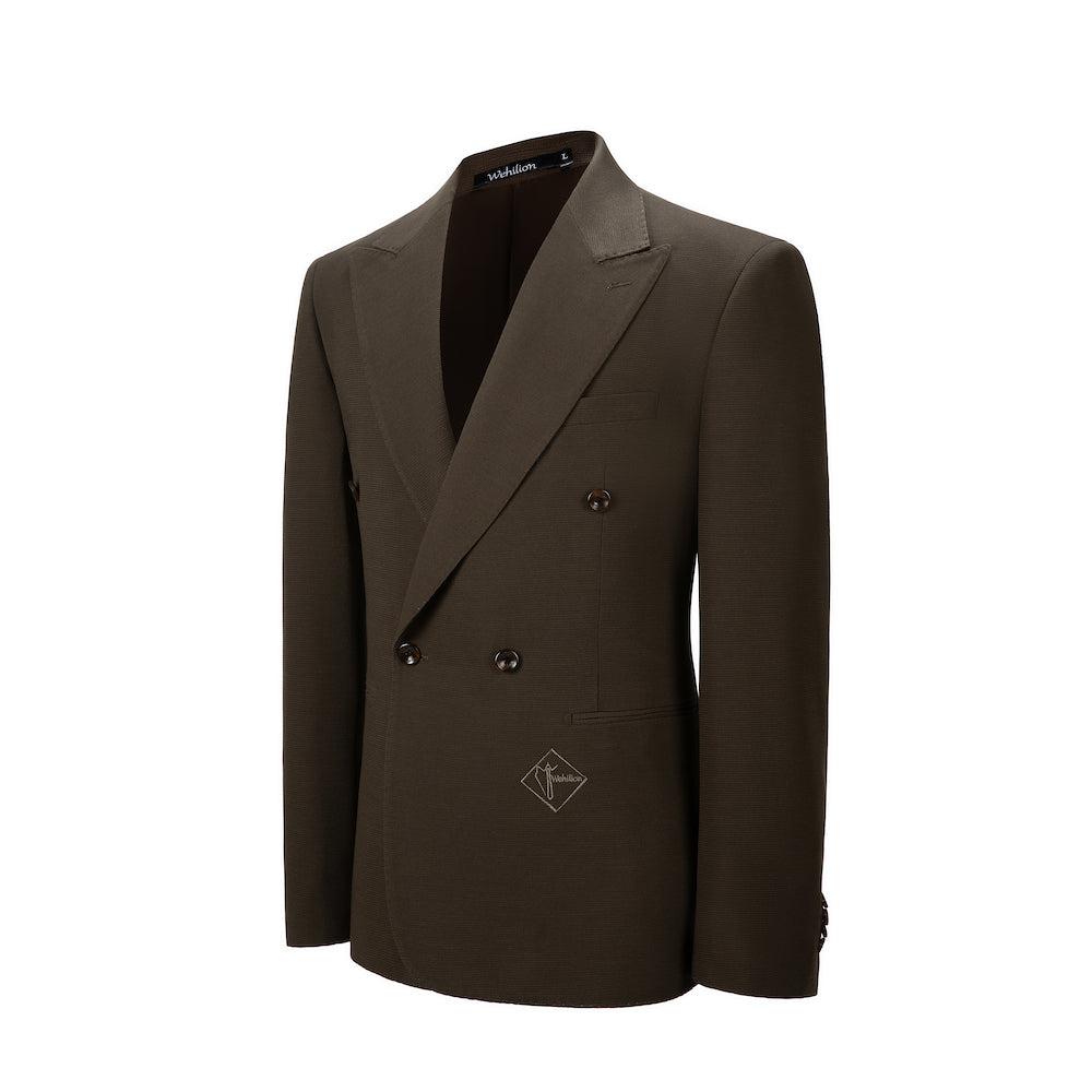 Designer brown double breasted men's blazer - two button formal jacket with embroidered brand logo & notched lapel