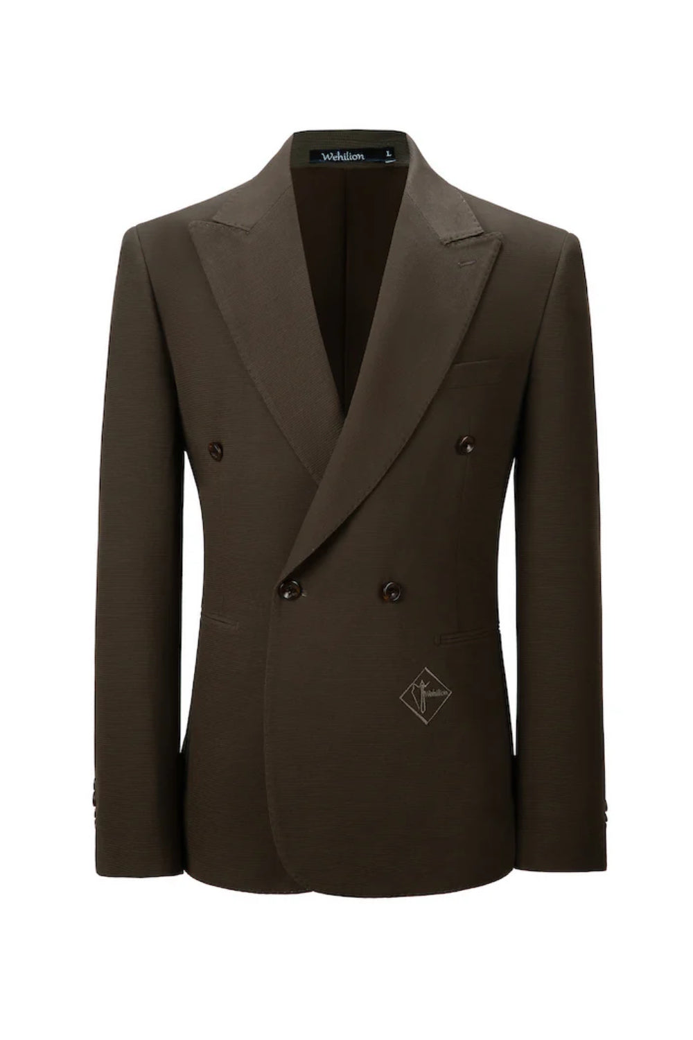 Designer style men's brown double breasted blazer - two button formal jacket with embroidered logo