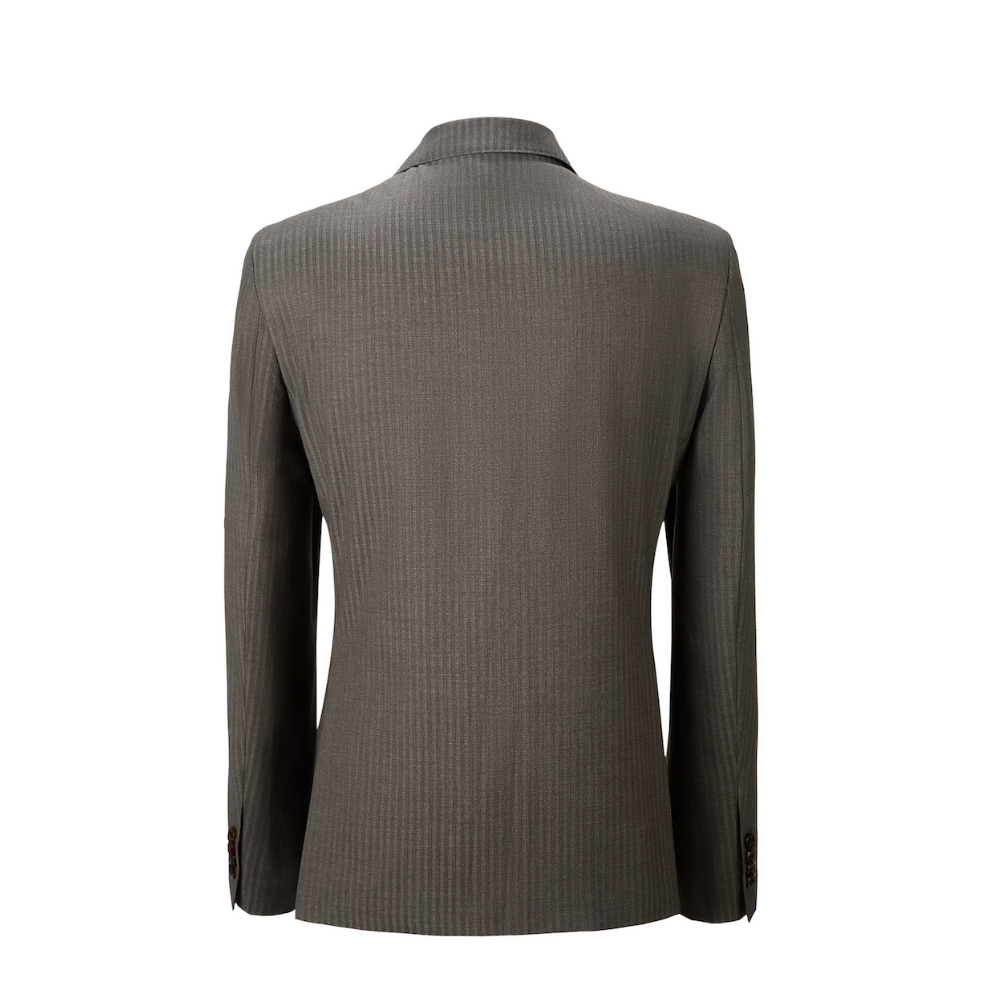 Back view of pinstripe men's blazer with subtle vertical stripes