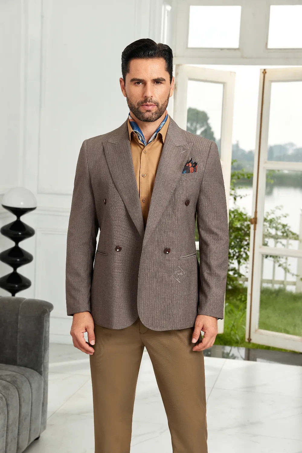 Men's Coffee Double-Breasted Pinstripe Blazer