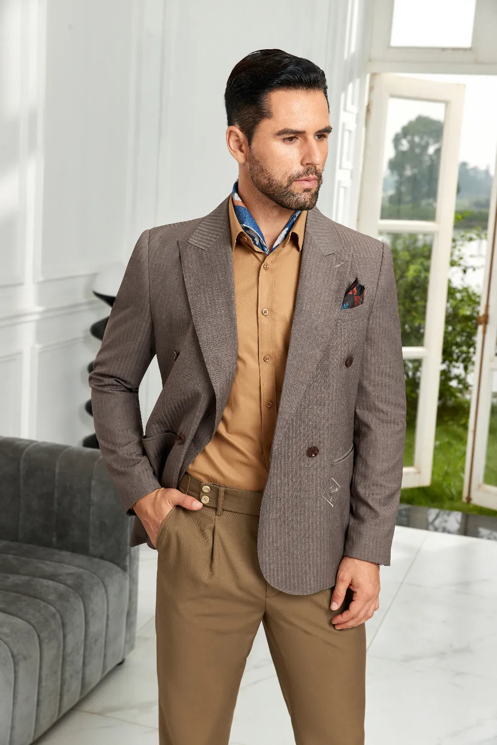 Men's Coffee Double-Breasted Pinstripe Blazer