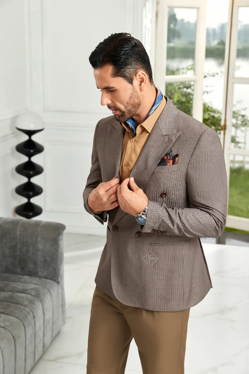 Men's Coffee Double-Breasted Pinstripe Blazer