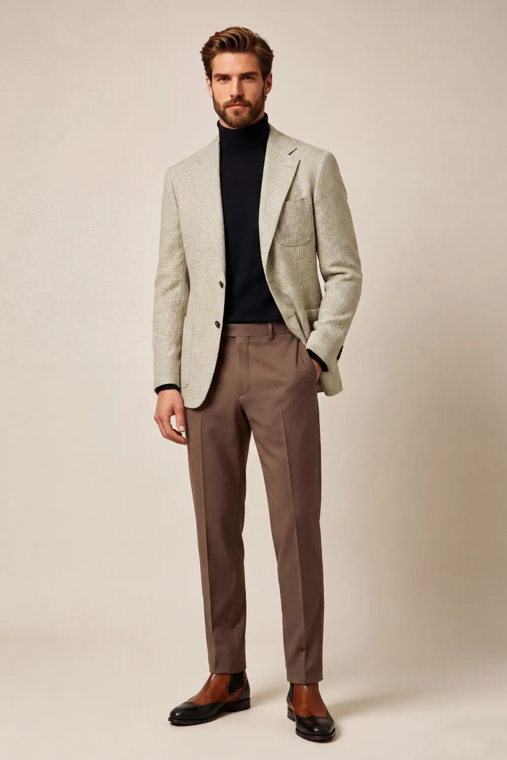Men's Beige Houndstooth Notch Lapel 2 Piece Suit