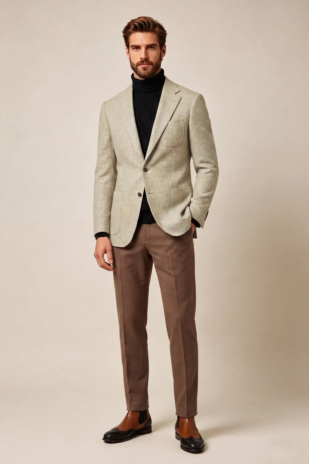 Men's Beige Houndstooth Notch Lapel 2 Piece Suit