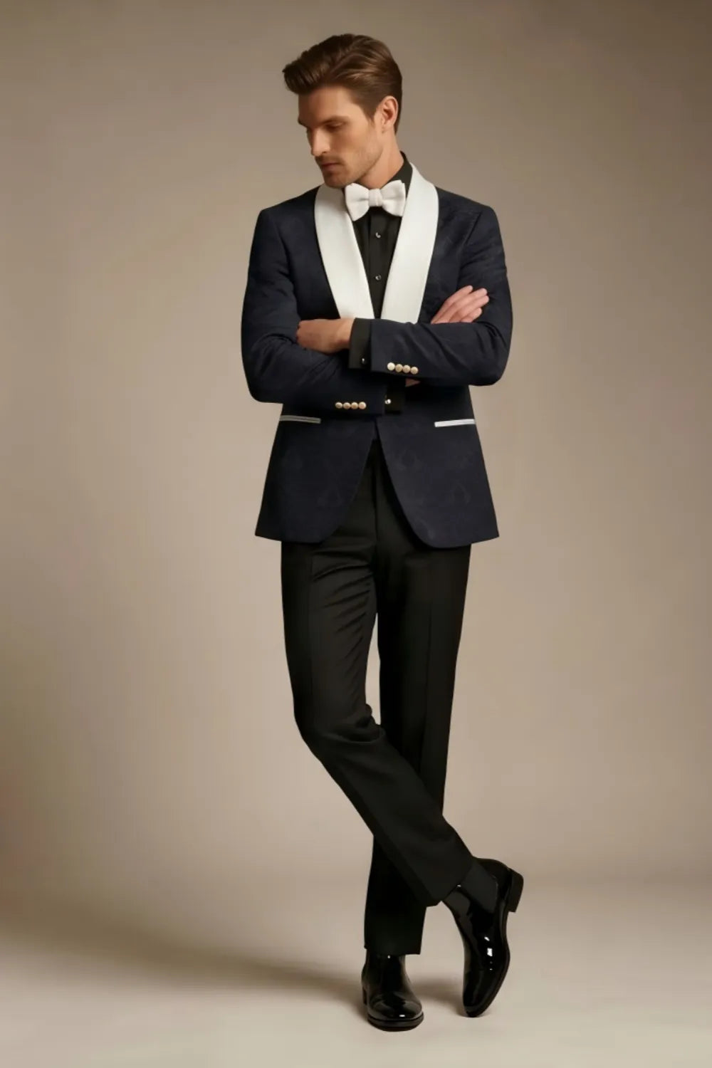 Men's Black Jacquard White Shawl Lapel 2-Piece Tuxedo Suit