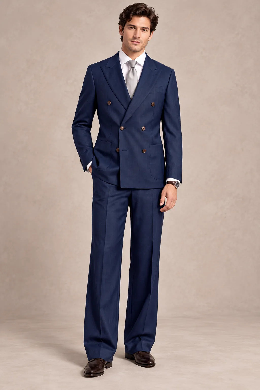 Men's Navy Double Breasted Wide Leg 2 Piece Suit
