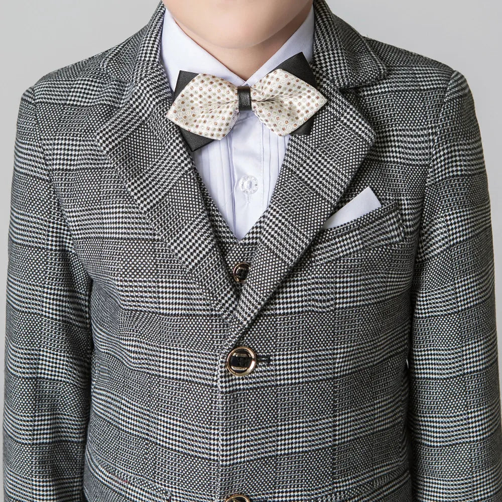 Grey plaid boys suit collar detail: Elegant 5-piece formal set with bow tie & checked pattern