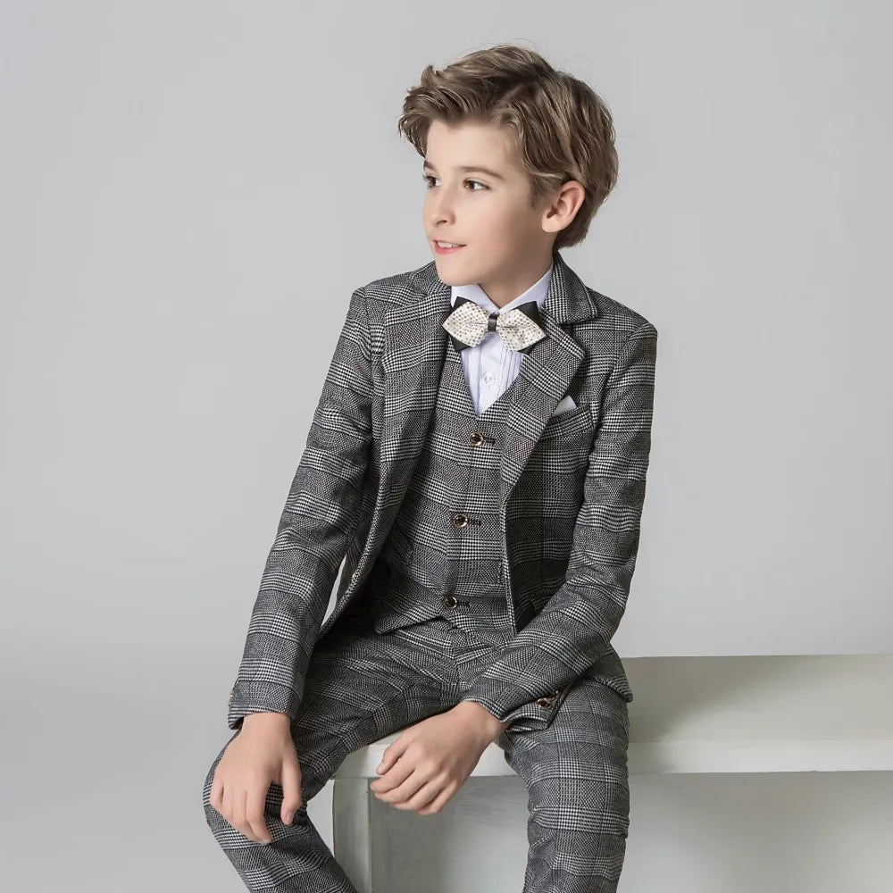 Grey plaid 5-piece boys formal suit with vest & bow tie - elegant checked blazer outfit