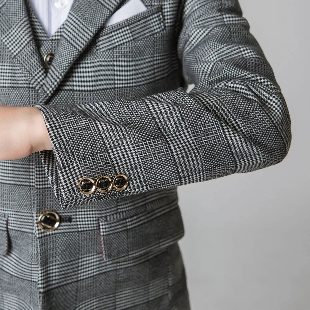 Grey plaid boys suit cuff detail: Elegant 5-piece formal set with gold buttons & checked pattern