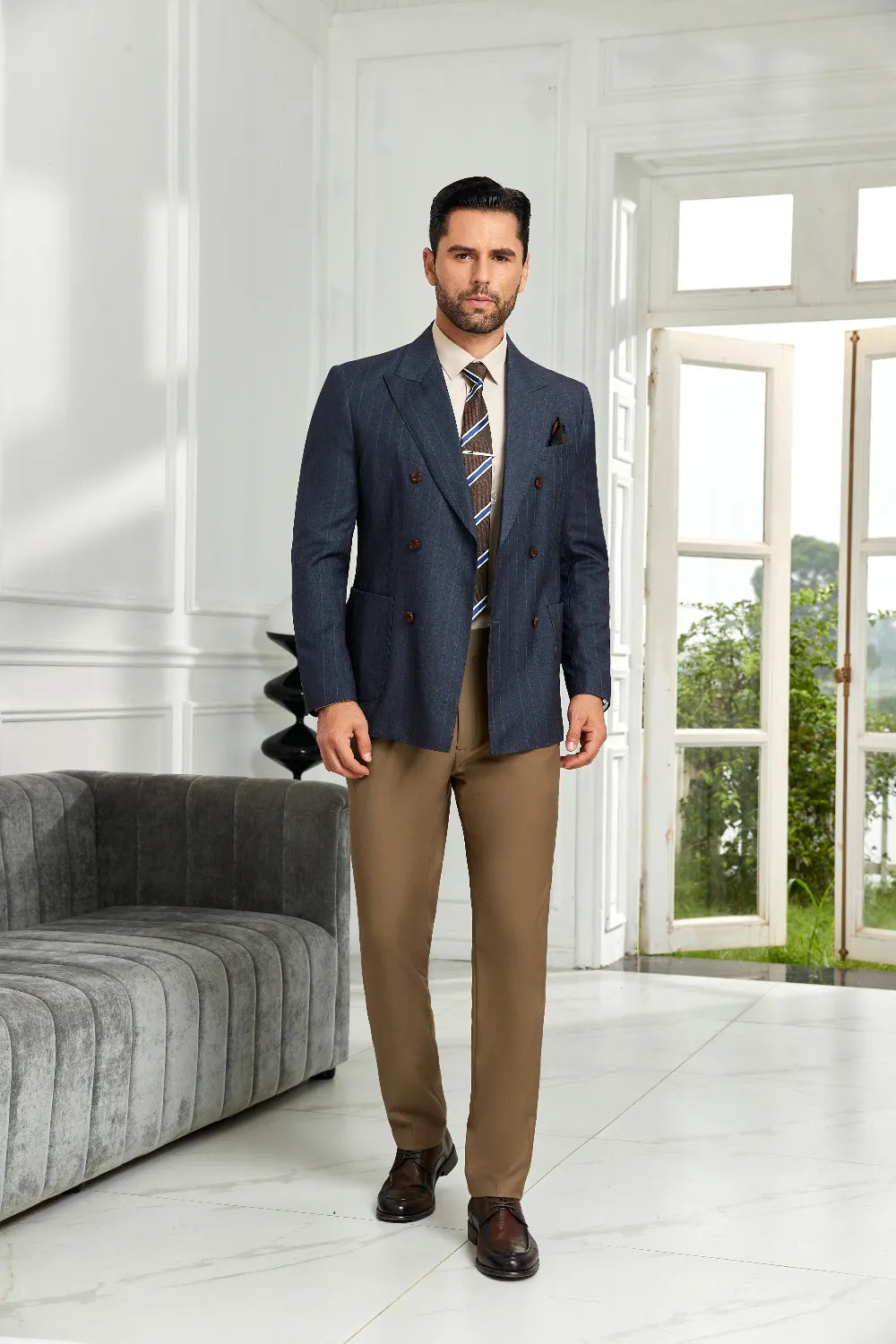 Men's Peak Lapel Double-Breasted Stripe Blazer