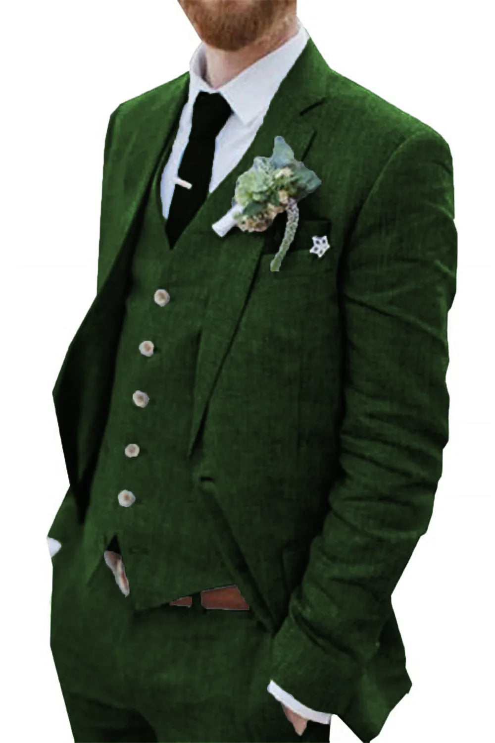 Dark green men's linen 3 piece suit close-up – tailored blazer with vest, dress shirt and tie for summer wedding