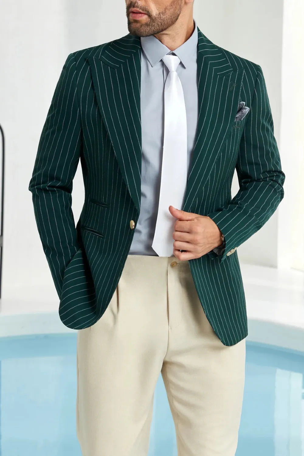 Men's Dark Green Stripe Peak Lapel Blazer