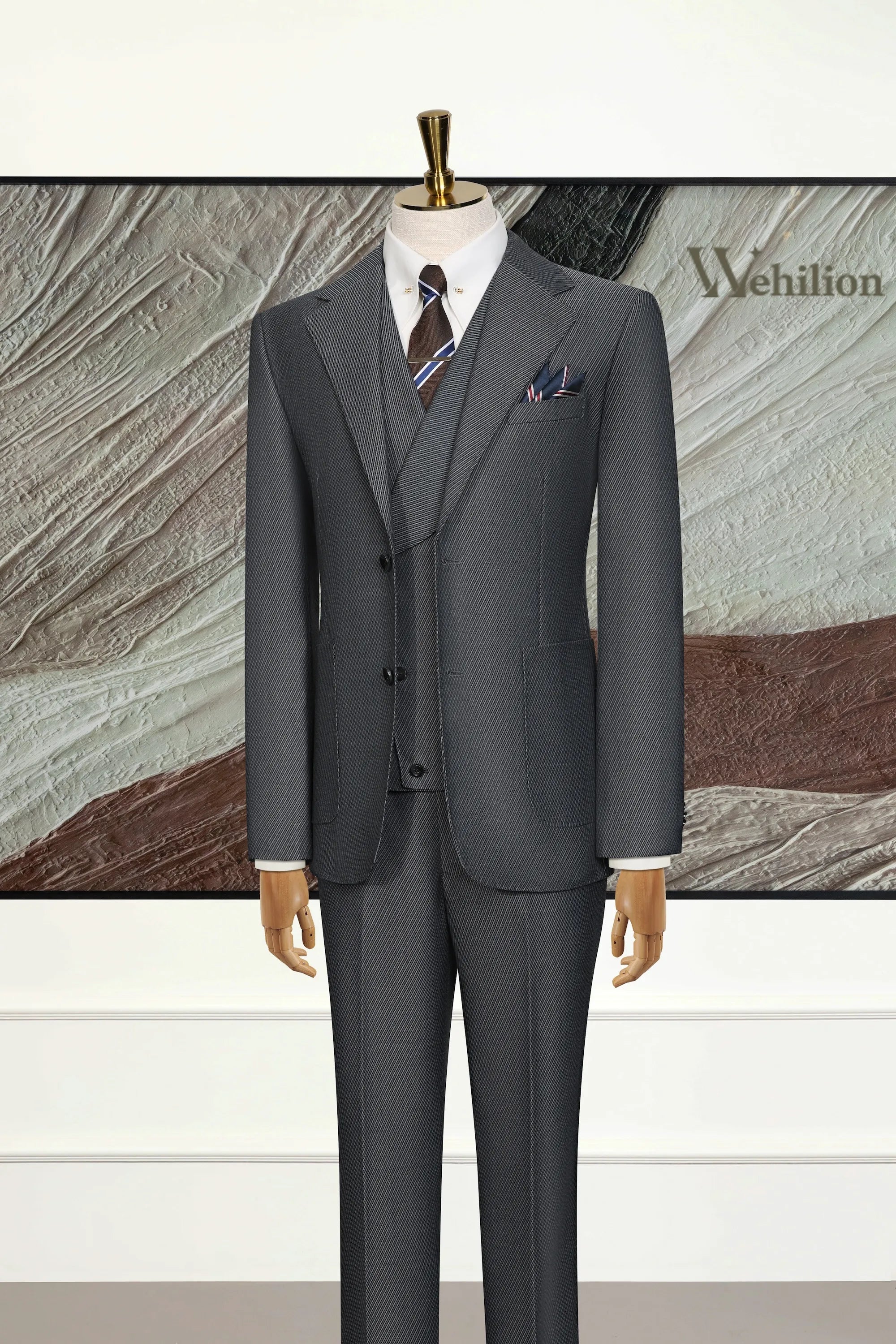 Men's Dark Grey Pinstripe Wool Blend 3 Piece Suits