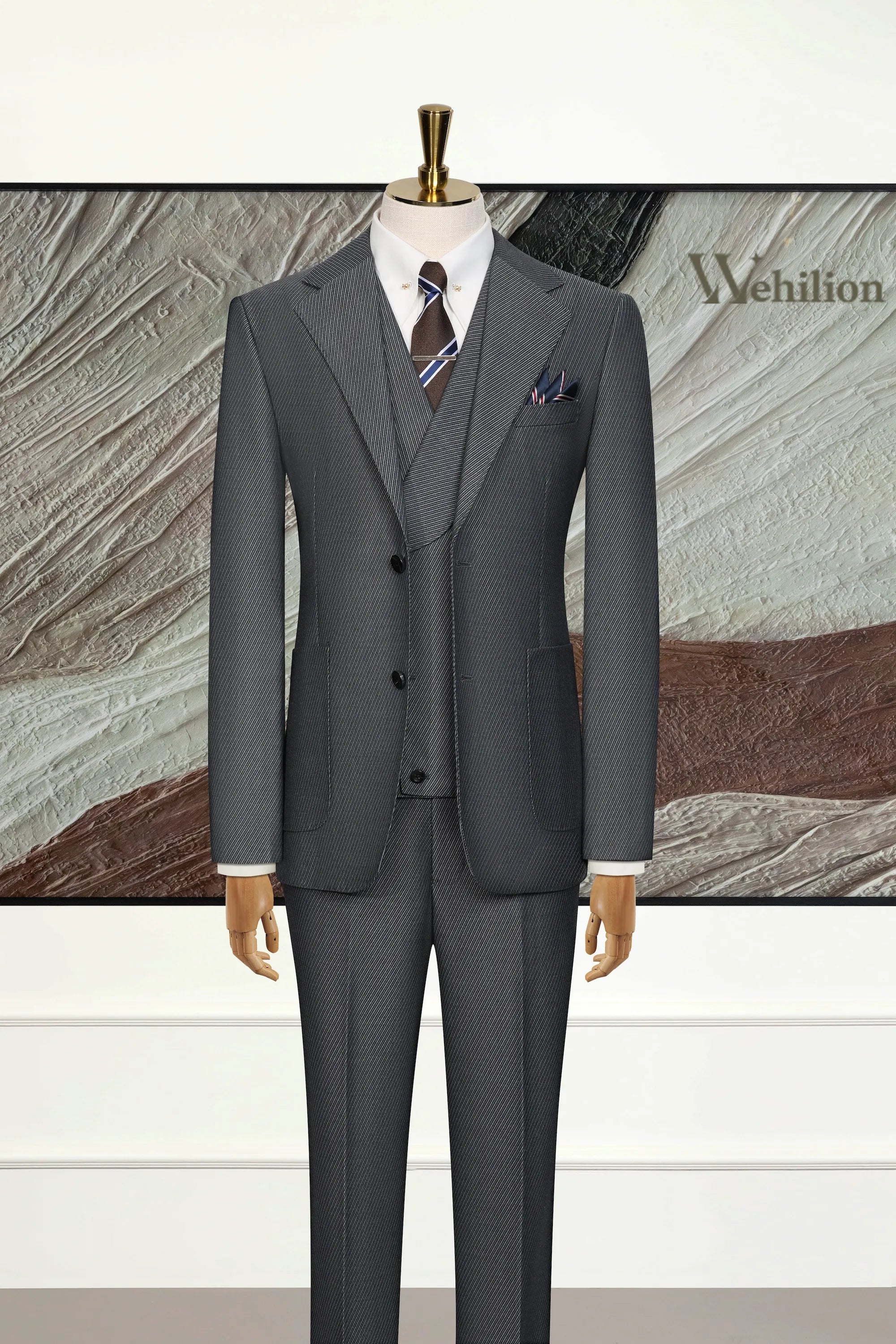 Men's Dark Grey Pinstripe Wool Blend 3 Piece Suits