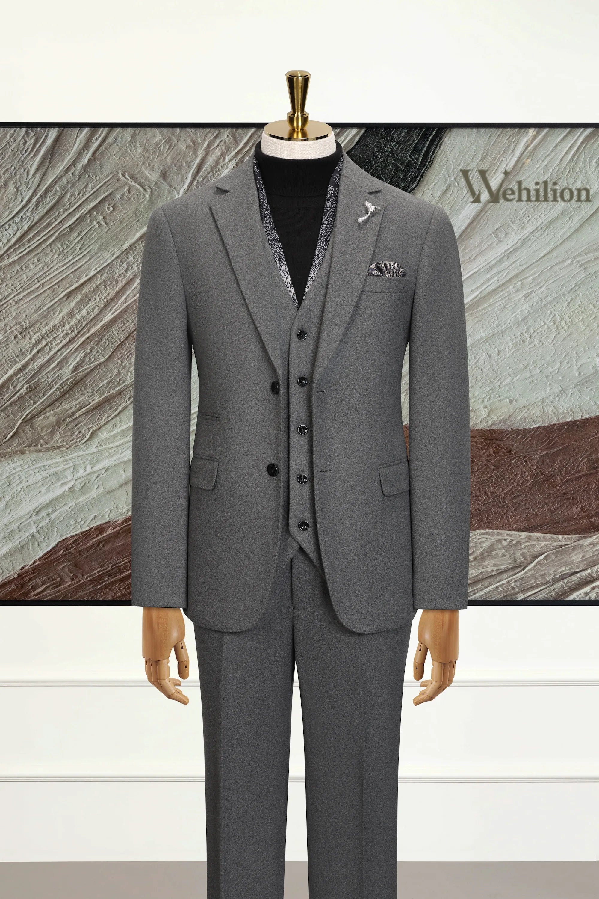 Men's Dark Grey Wool Blend 3 Piece Suits