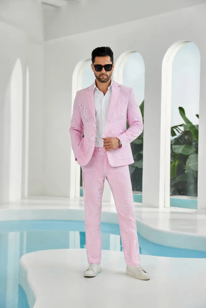Front view of dark pink-white striped seersucker summer blazer and pants set
