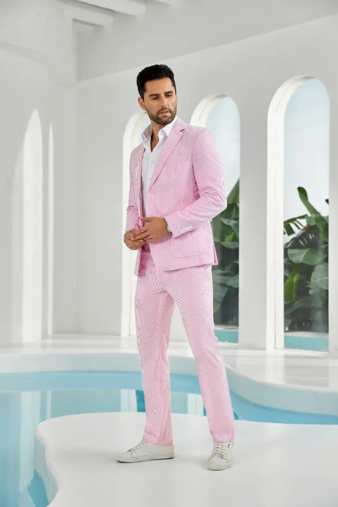 Side angle of men's dark pink-white striped seersucker two-piece summer suit