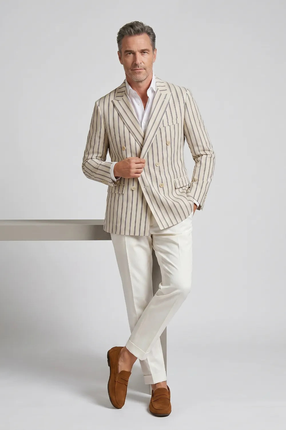 Men's Cream Pinstripe Double Breasted Peak Lapel 2 Piece Suit