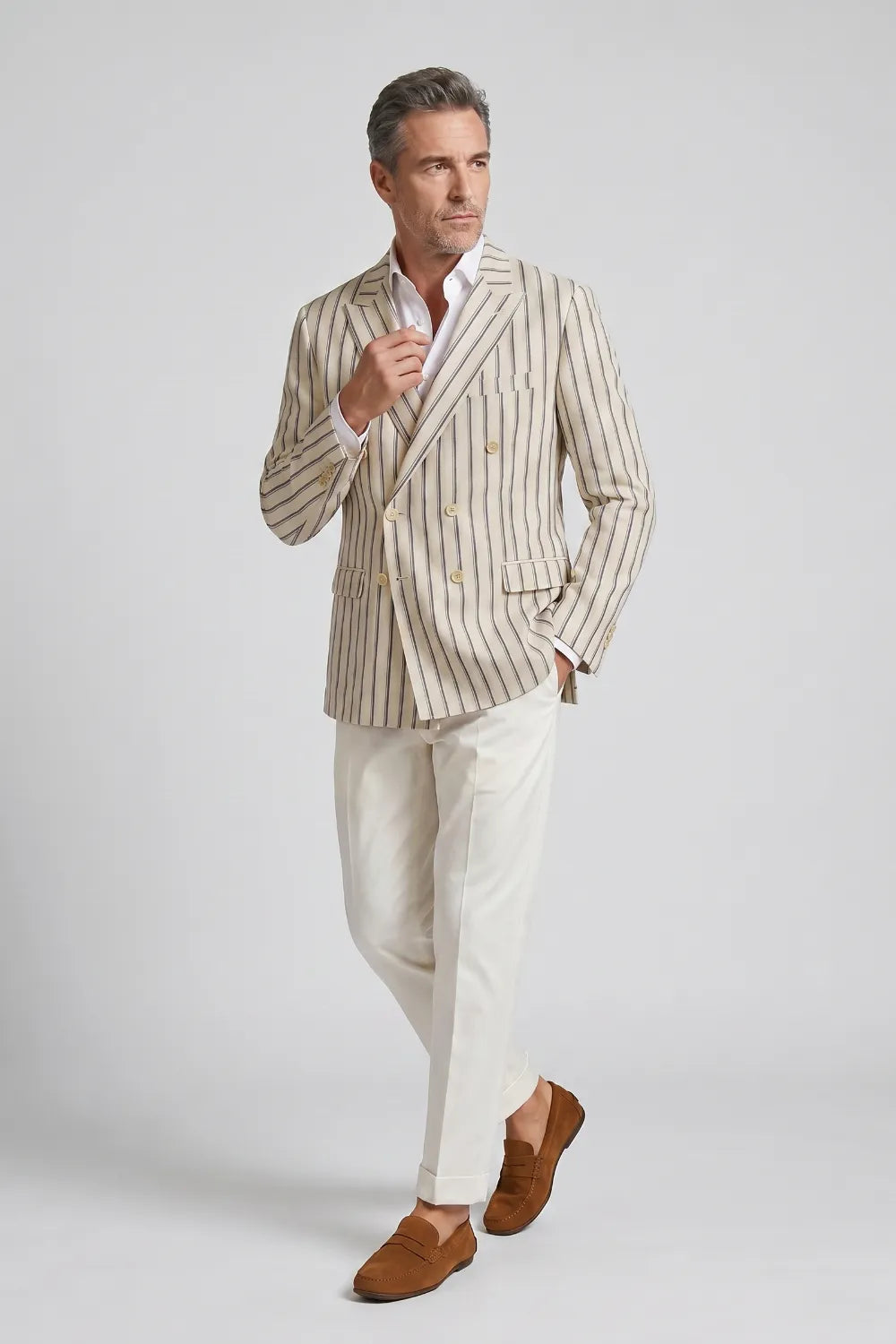 Men's Cream Pinstripe Double Breasted Peak Lapel 2 Piece Suit
