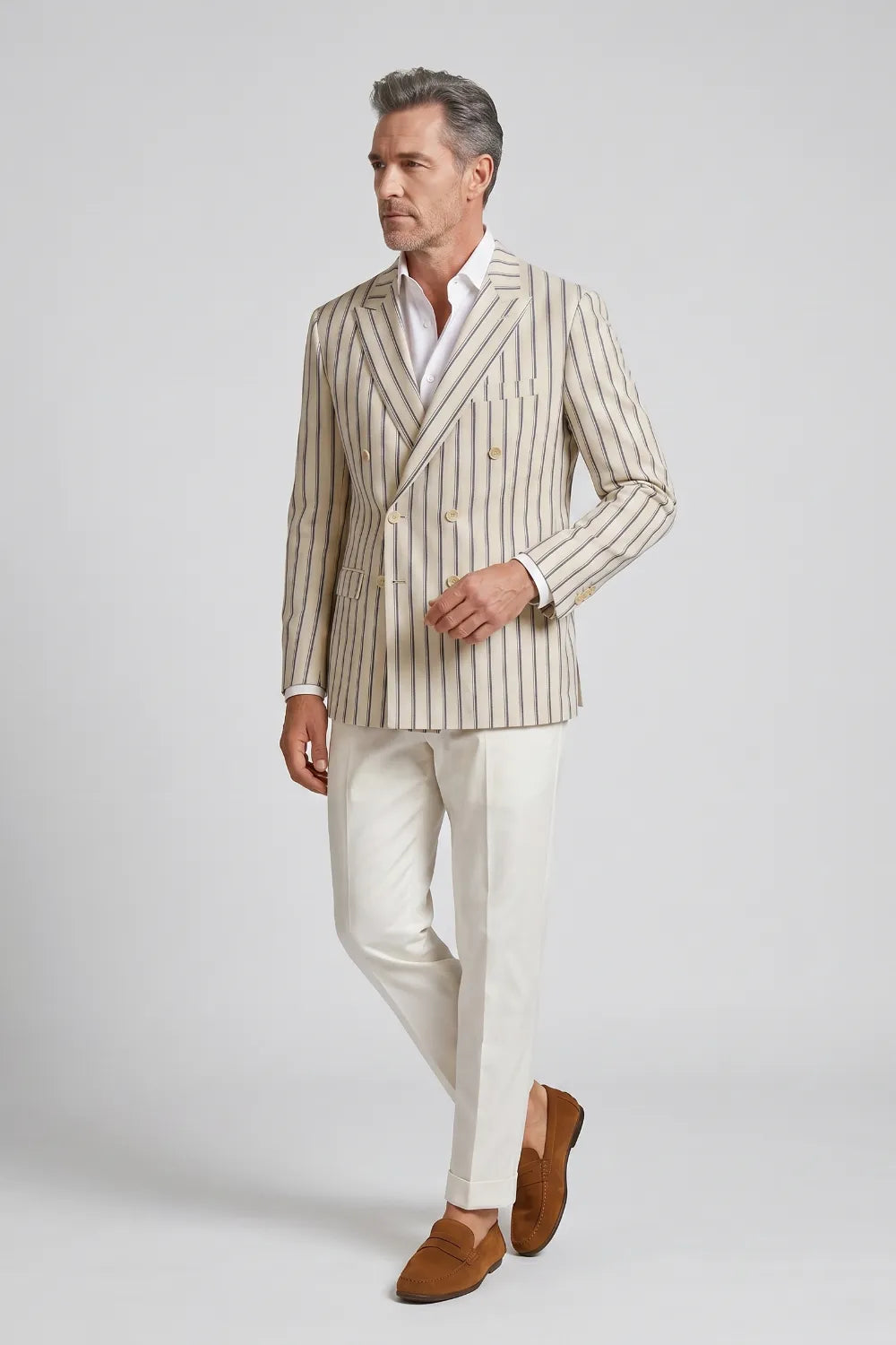 Men's Cream Pinstripe Double Breasted Peak Lapel 2 Piece Suit
