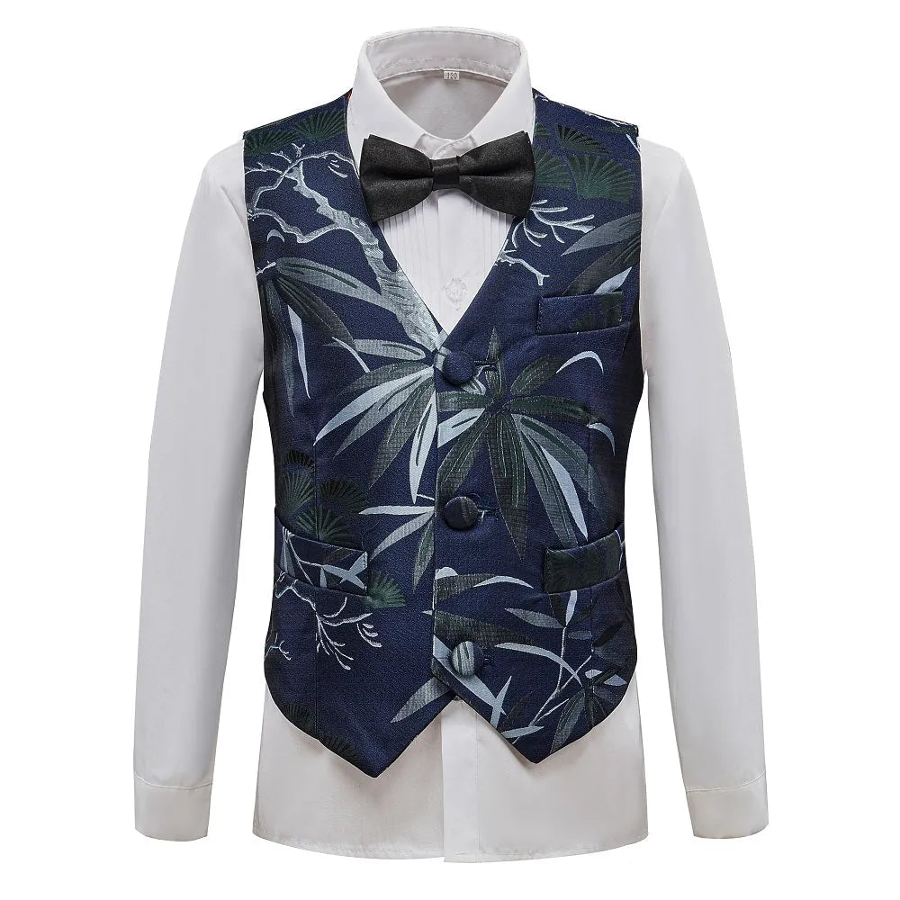 Blue boys' leaf-print vest: Tropical pattern with black bowtie, formal party waistcoat for banquet events