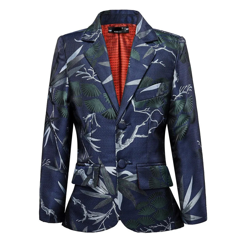 Blue boys' floral blazer: Tropical leaf print with red lining, formal party jacket for banquet events
