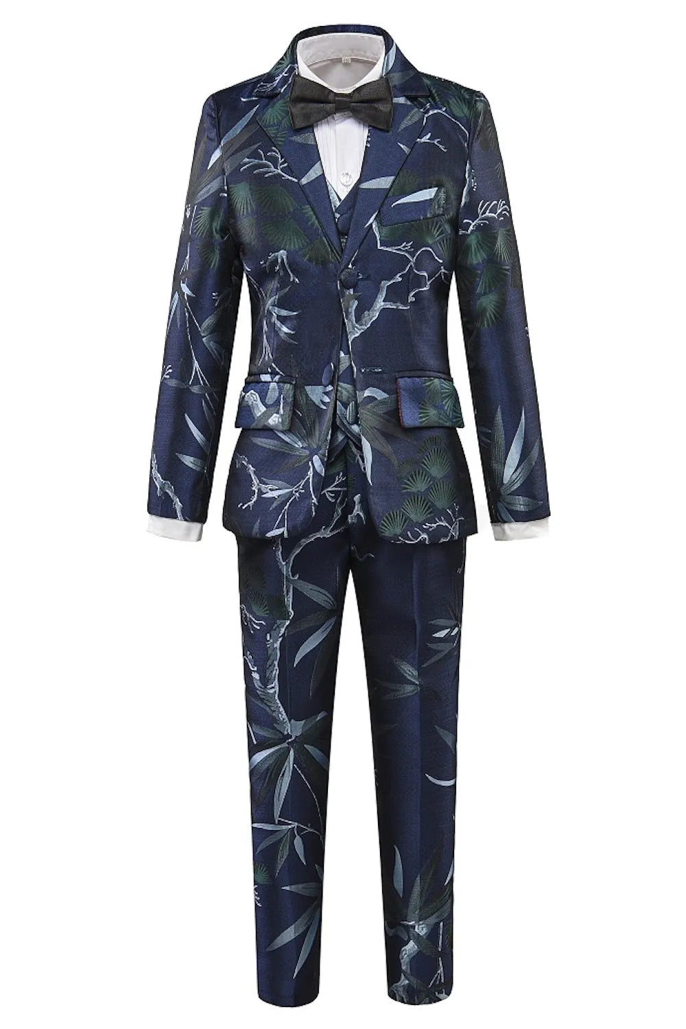 Blue boys' floral 5-piece suit: Bamboo & leaf print, stylish blazer/vest/pants, formal banquet party wear with bowtie