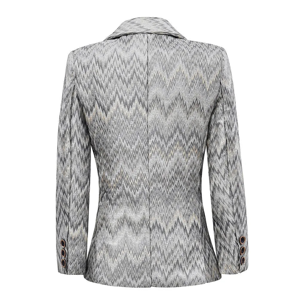 Premium boys' blazer back: Gray zigzag abstract print with contrast button cuffs, formal party jacket
