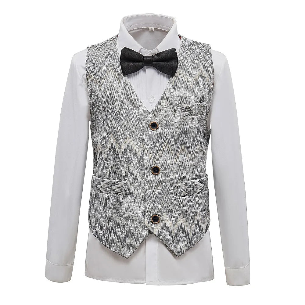 Premium boys' vest: Gray zigzag abstract print with black bowtie & wooden buttons, formal wear