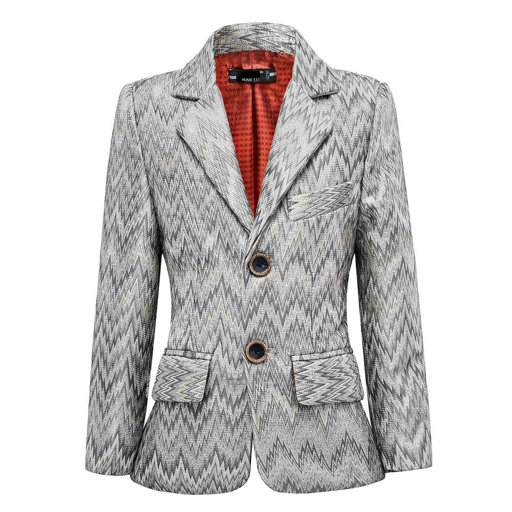 Premium boys' blazer: Gray zigzag abstract print with red check lining, formal party jacket