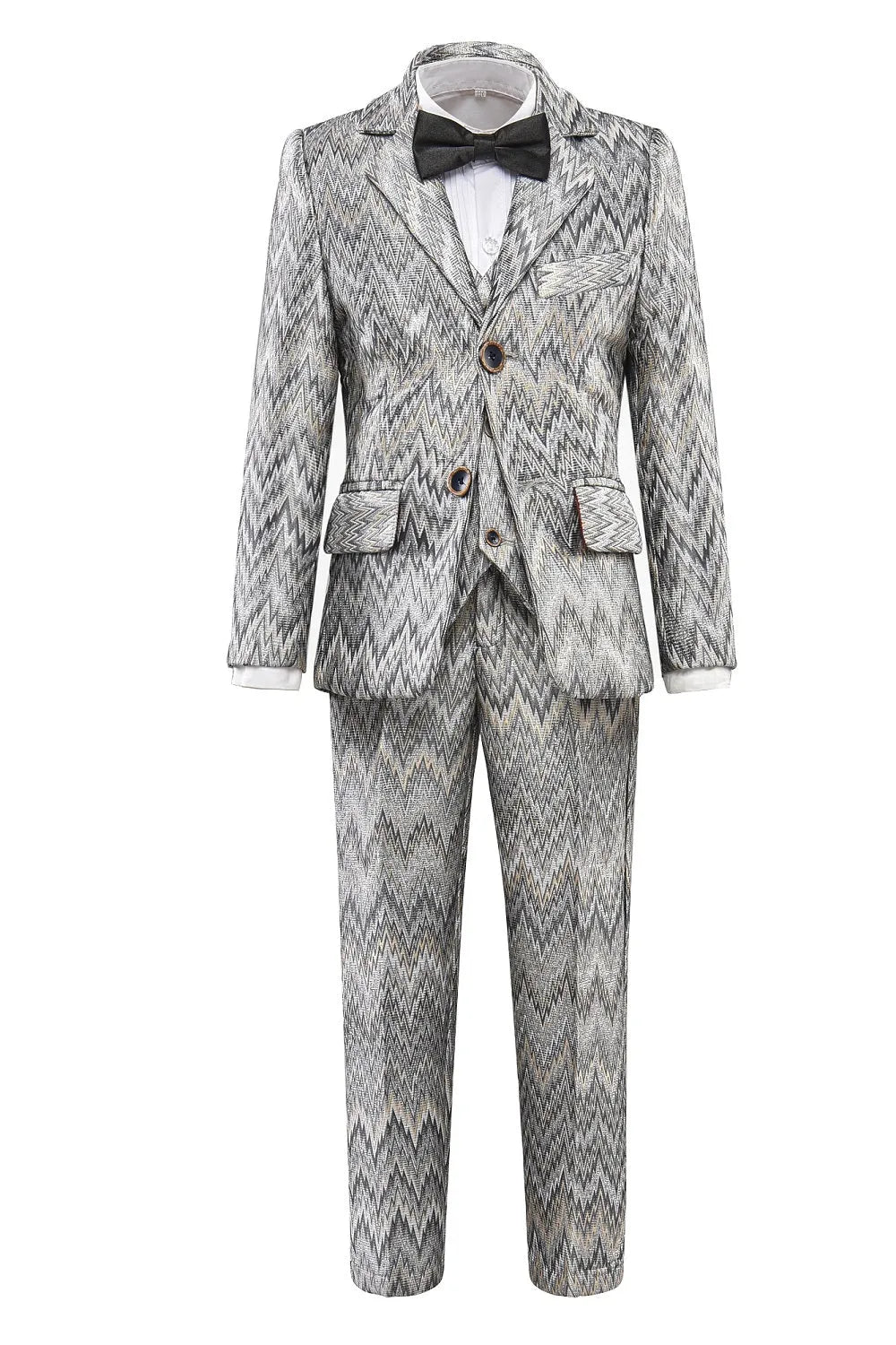 Premium gray abstract zigzag boys' 5-piece suit: Formal blazer, vest & trousers with black bowtie