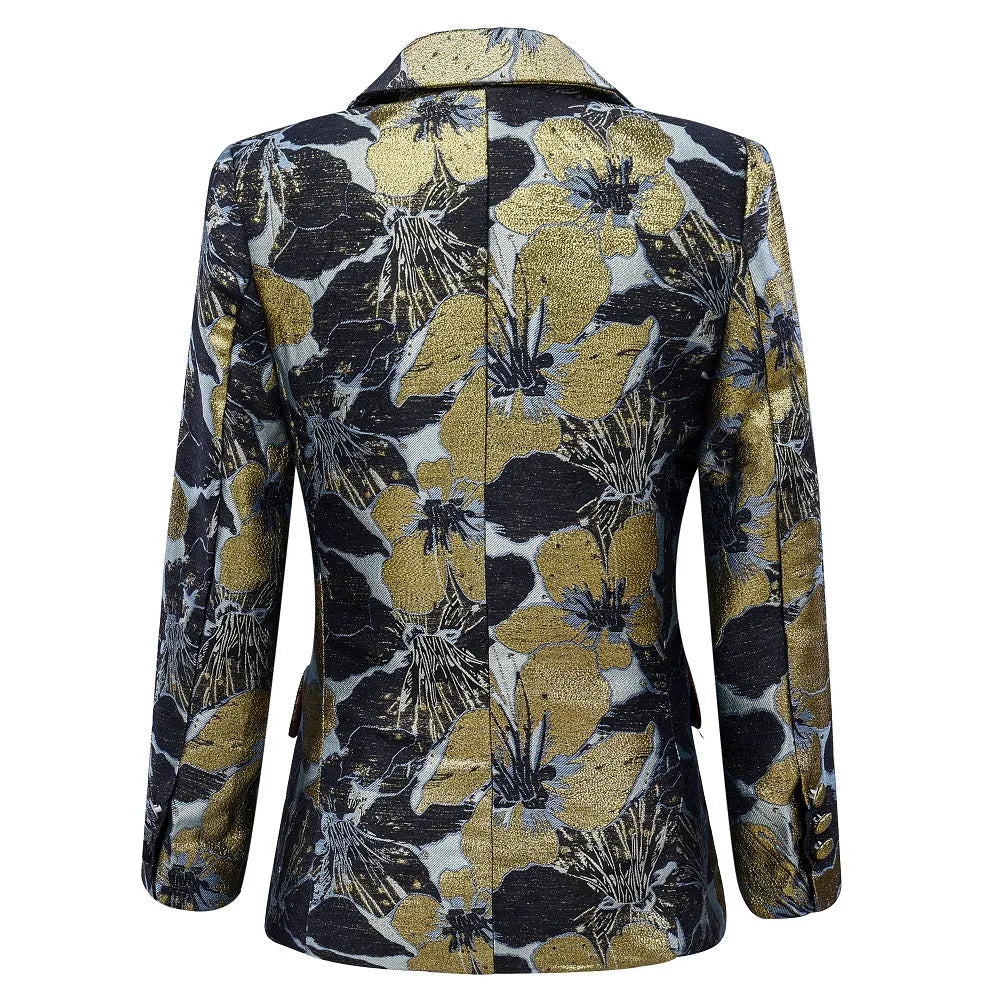 Floral blazer and pants set for boys with large red and pink flower motifs