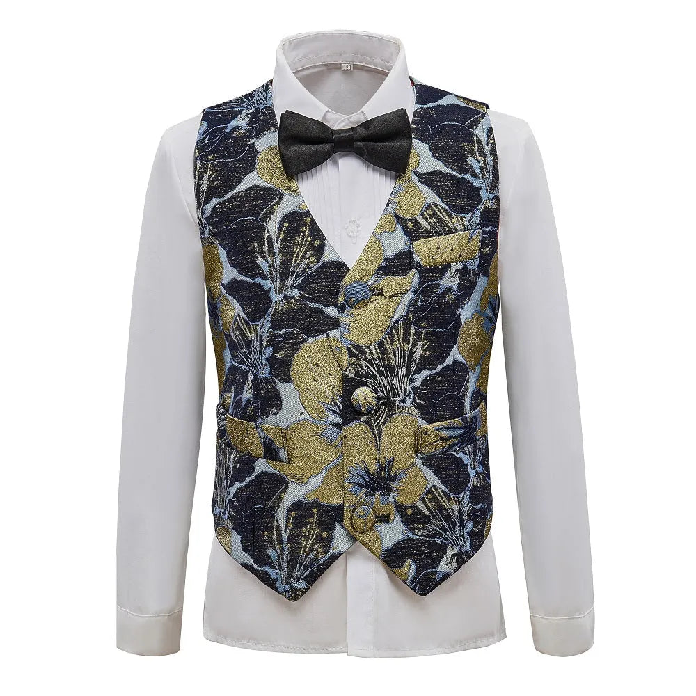 Boys printed tuxedo jacket with sharp tailoring and red botanical design