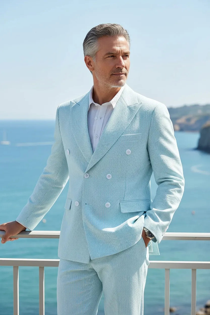 Men's Summer Double Breasted Seersucker 2 Piece Suits
