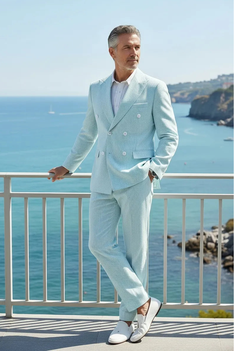 Men's Summer Double Breasted Seersucker 2 Piece Suits