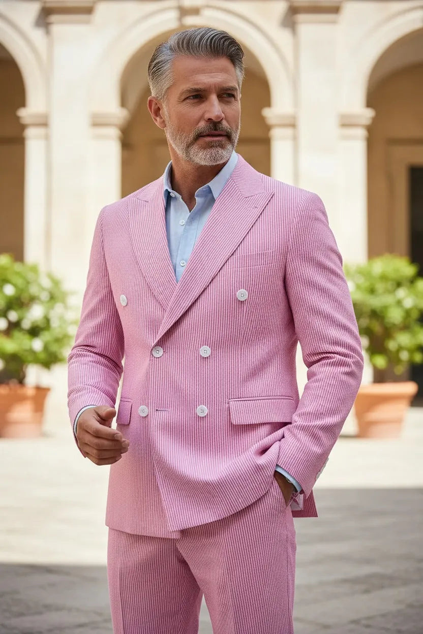 Men's Summer Double Breasted Seersucker 2 Piece Suits