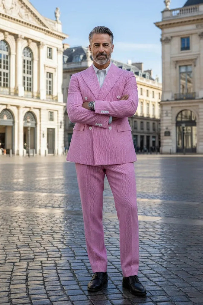 Men's Summer Double Breasted Seersucker 2 Piece Suits