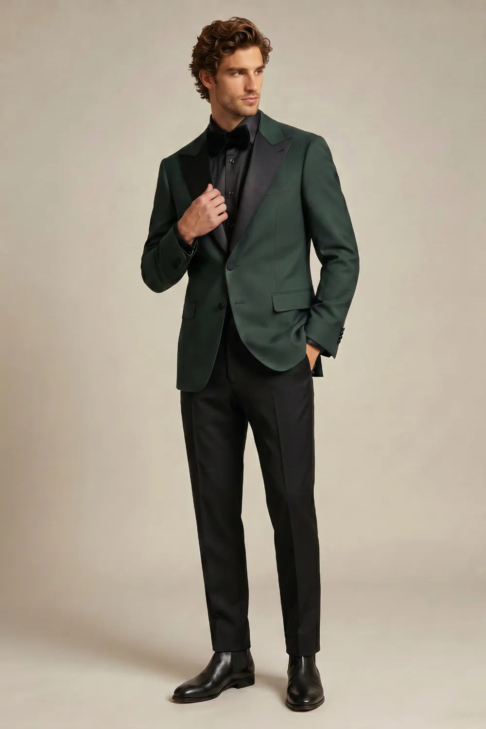 Men's Emerald Green And Black Peak Lapel Tuxedo Suit