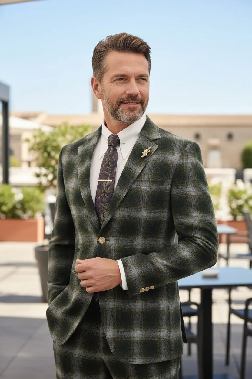 Men's Green Stylish Plaid Herringbone 2 Piece Suits