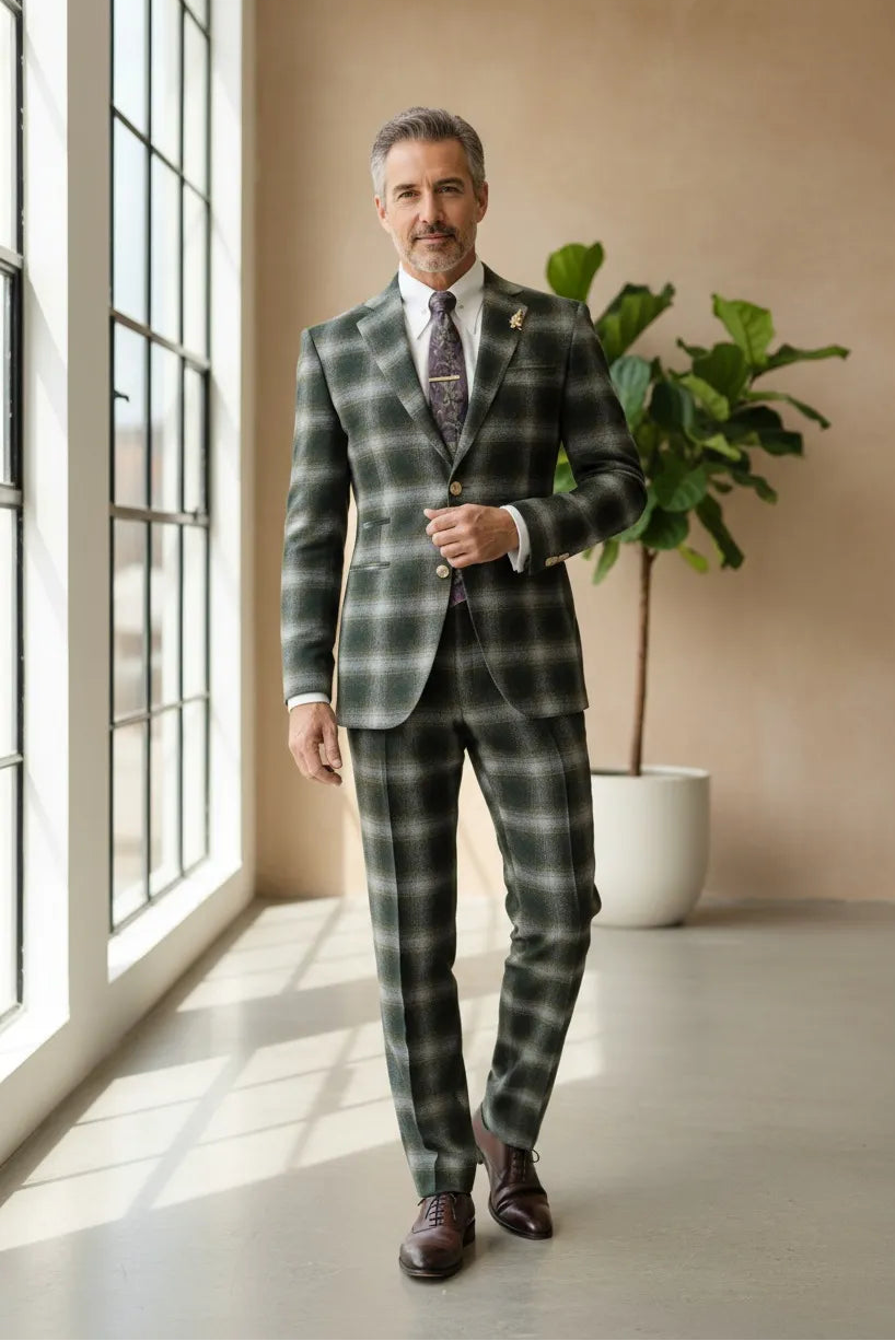 Men's Green Stylish Plaid Herringbone 2 Piece Suits