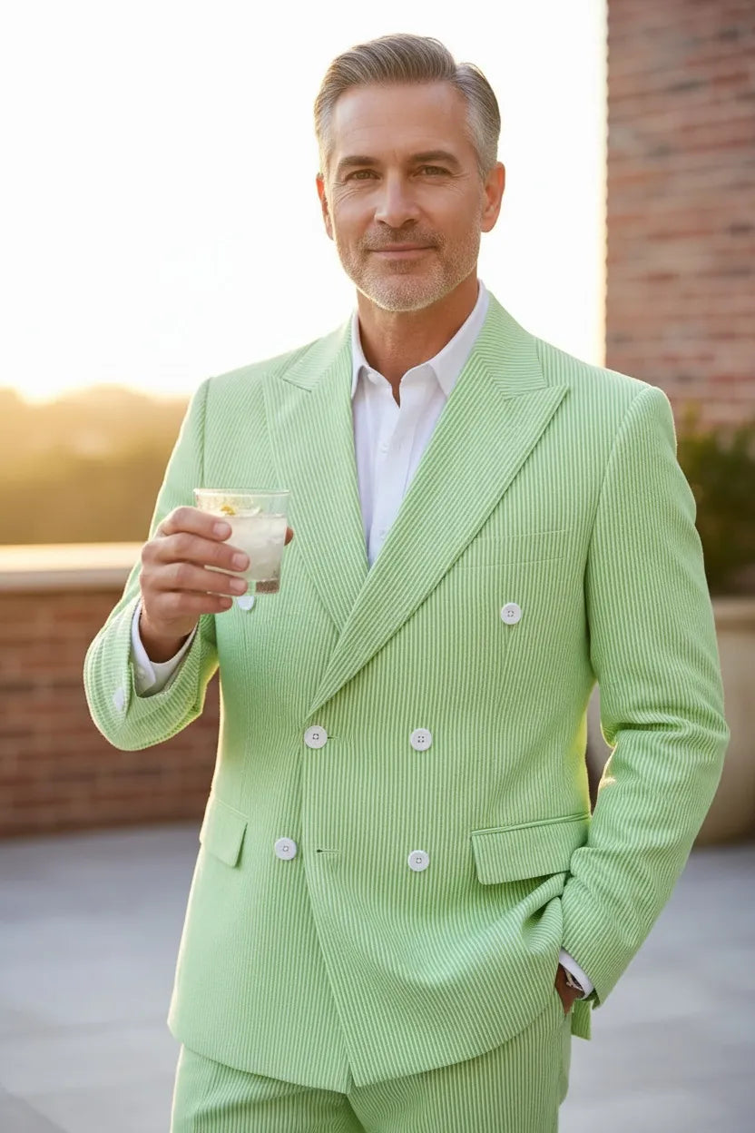 Men's Summer Double Breasted Seersucker 2 Piece Suits