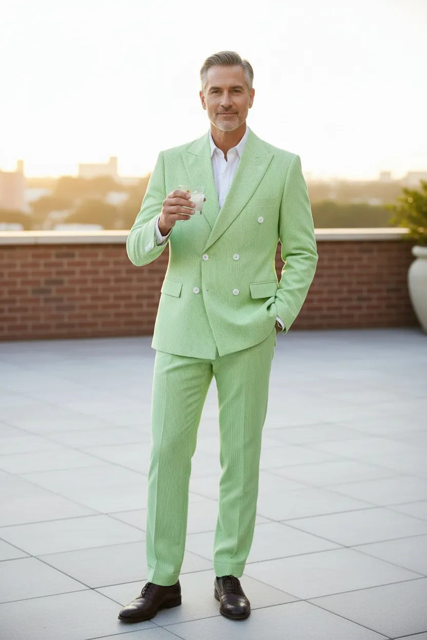 Men's Summer Double Breasted Seersucker 2 Piece Suits