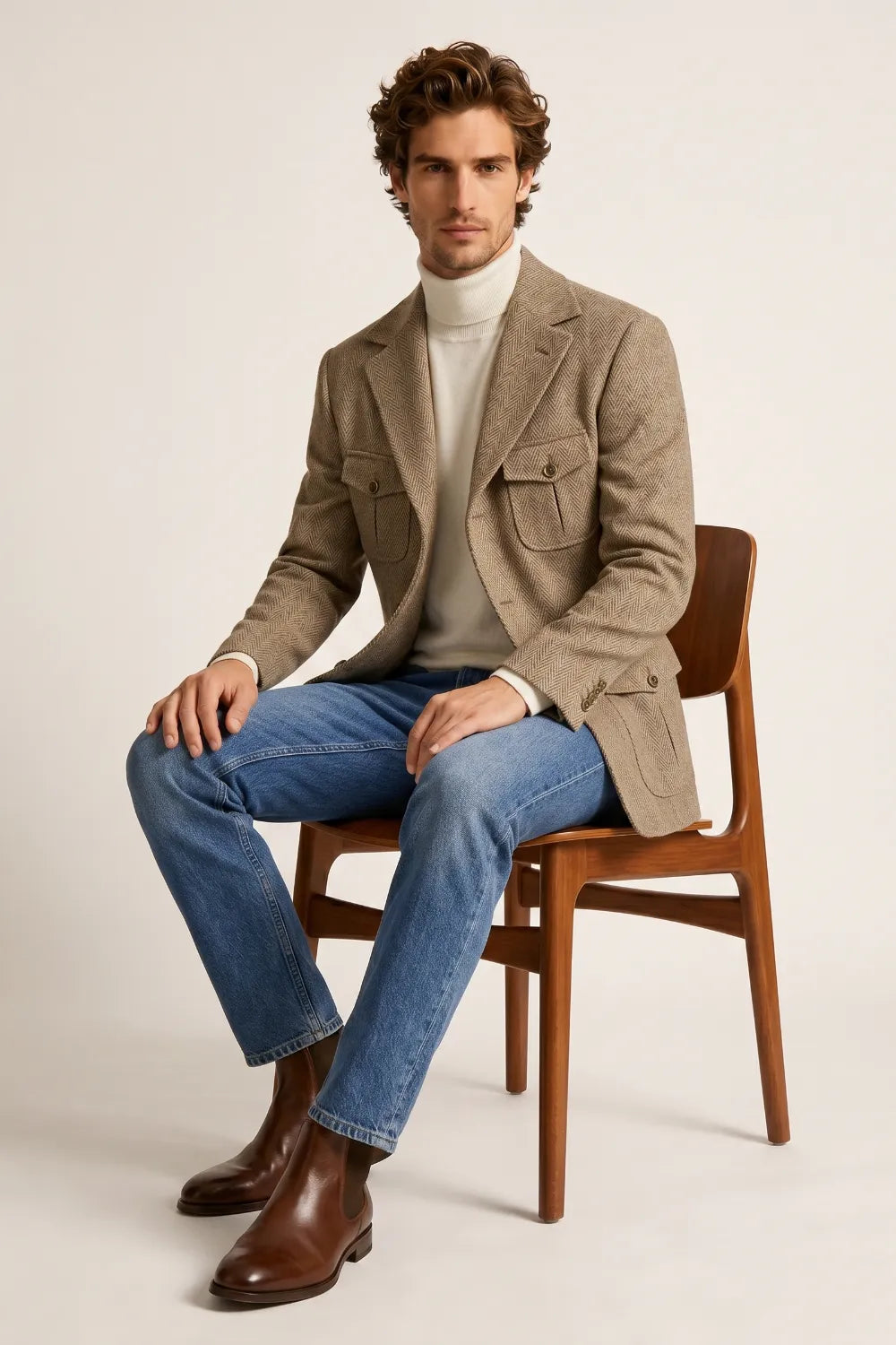 Men's Khaki Herringbone Wool Blend Safari Blazer