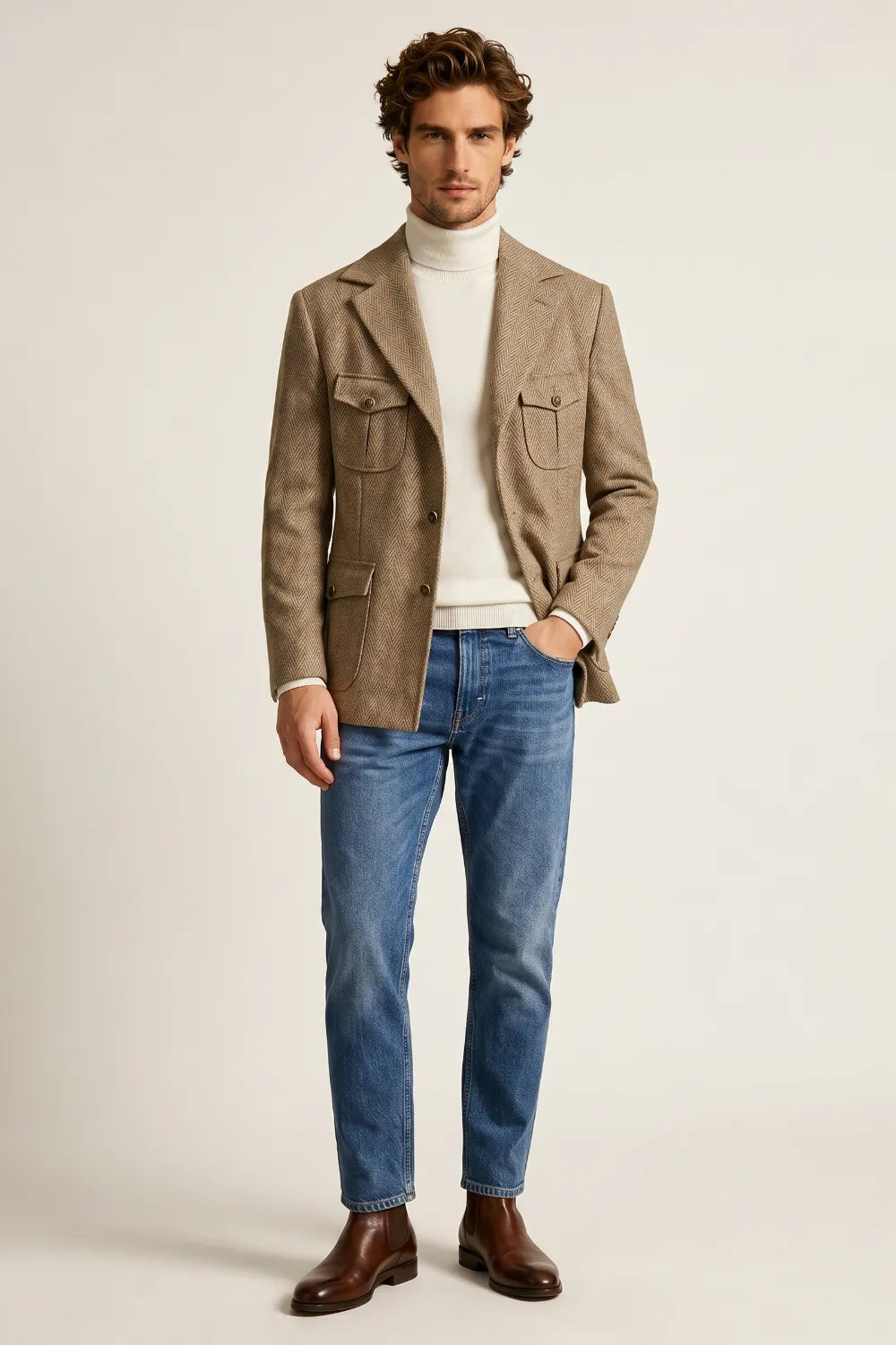 Men's Khaki Herringbone Wool Blend Safari Blazer