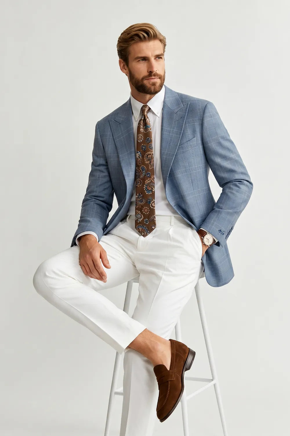 Men's Modern Light Blue Plaid 2 Piece Suit