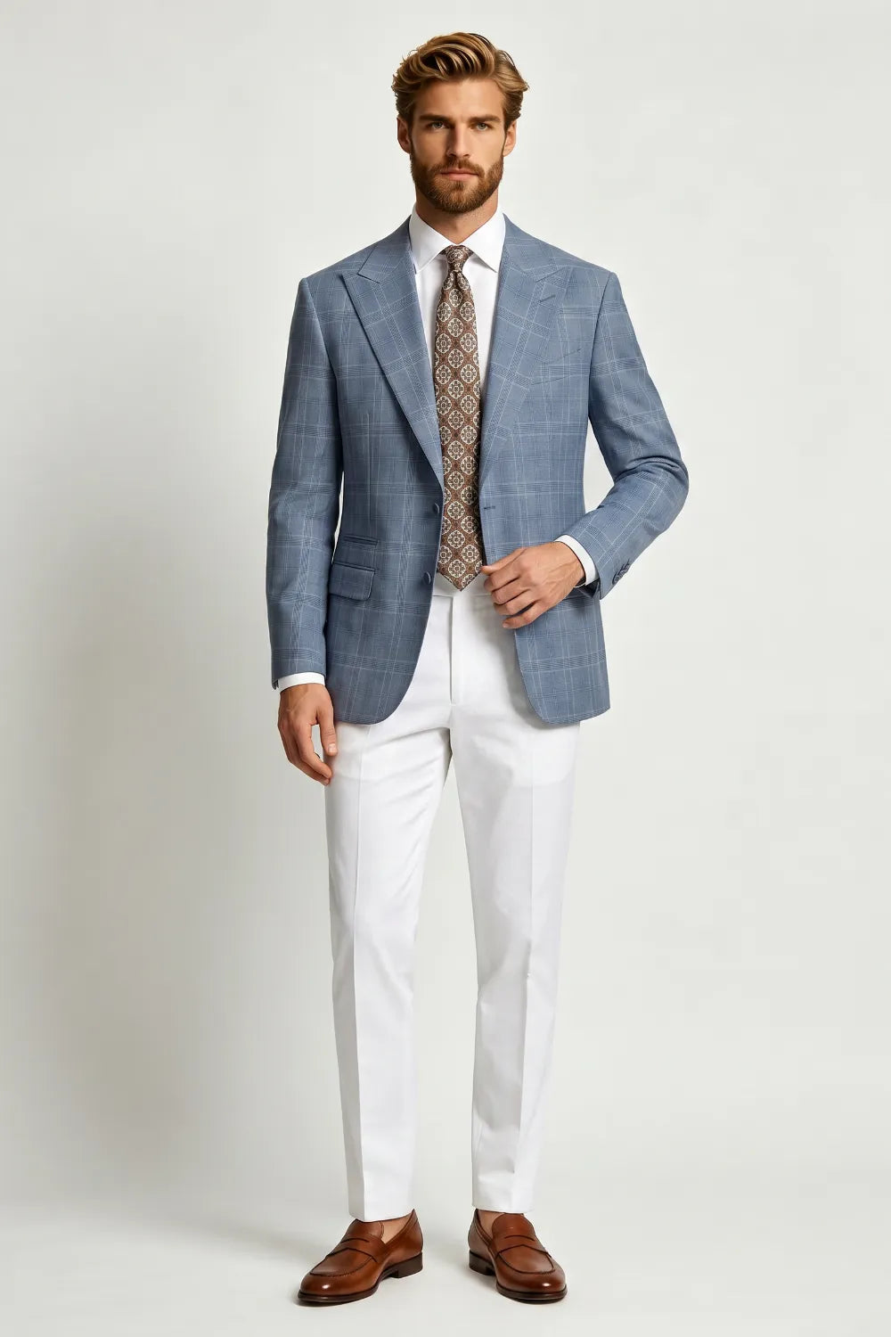 Men's Modern Light Blue Plaid 2 Piece Suit