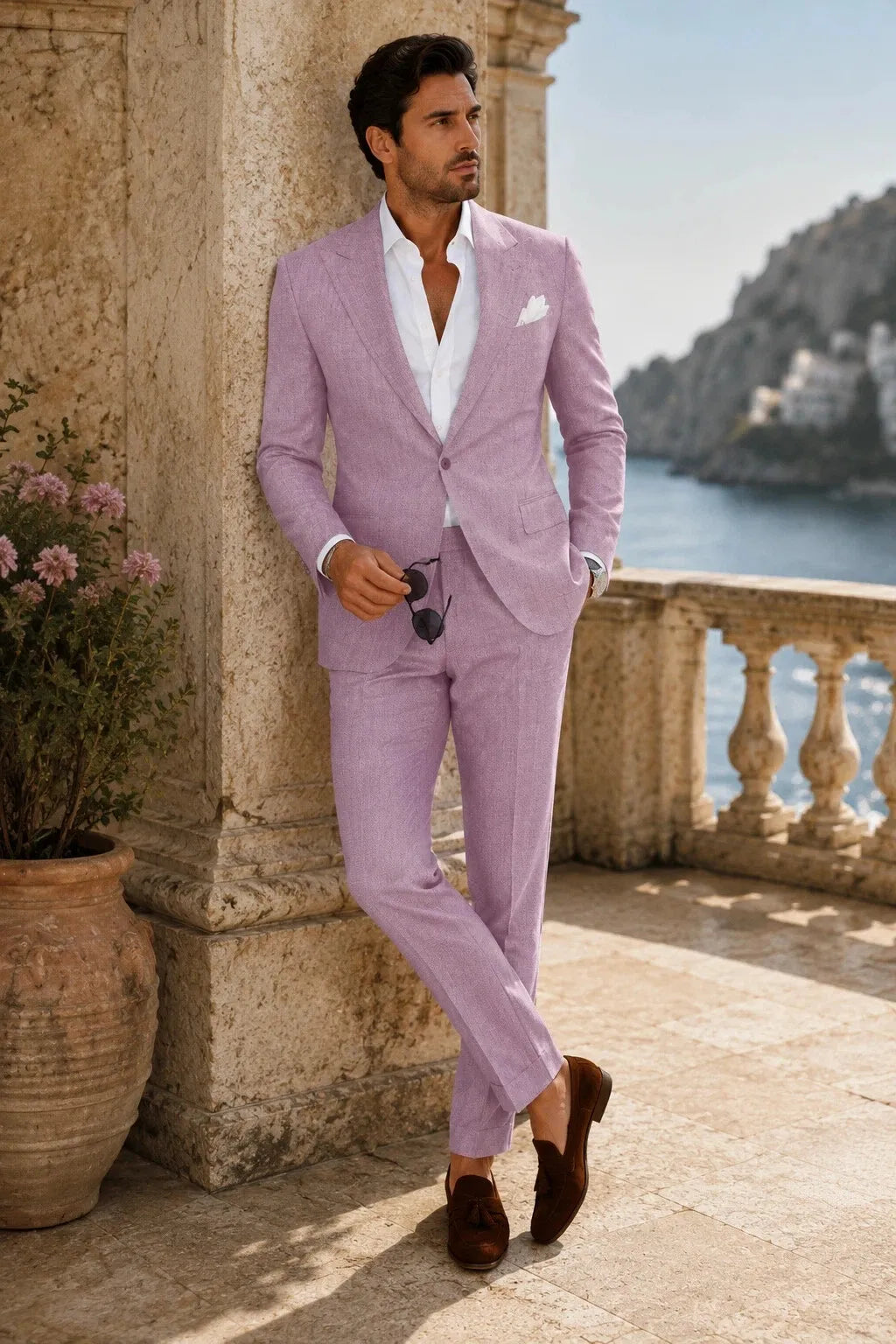 Men's Tailored Peak Lapel Linen 2 Piece Suit